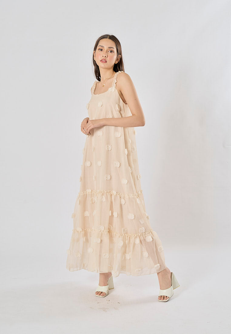 Fierro Beige Flower Pattern Lace Maxi Dress