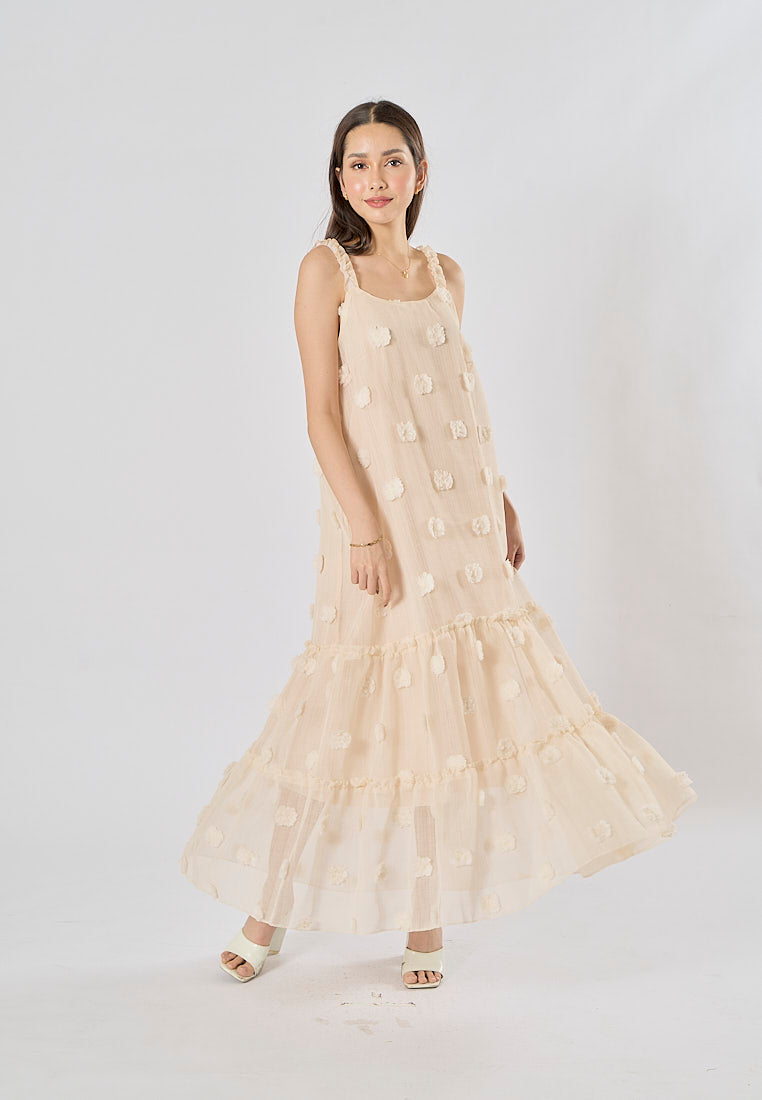 Fierro Beige Flower Pattern Lace Maxi Dress