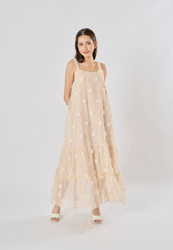 Fierro Beige Flower Pattern Lace Maxi Dress