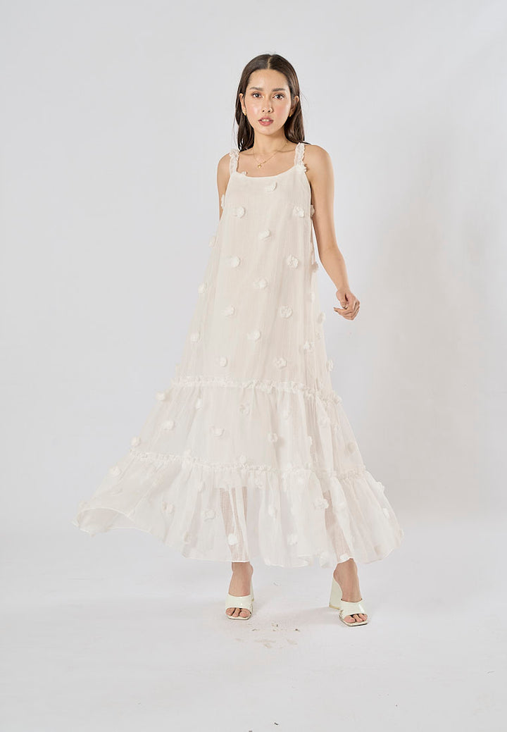 Fierro White Flower Pattern Lace Maxi Dress