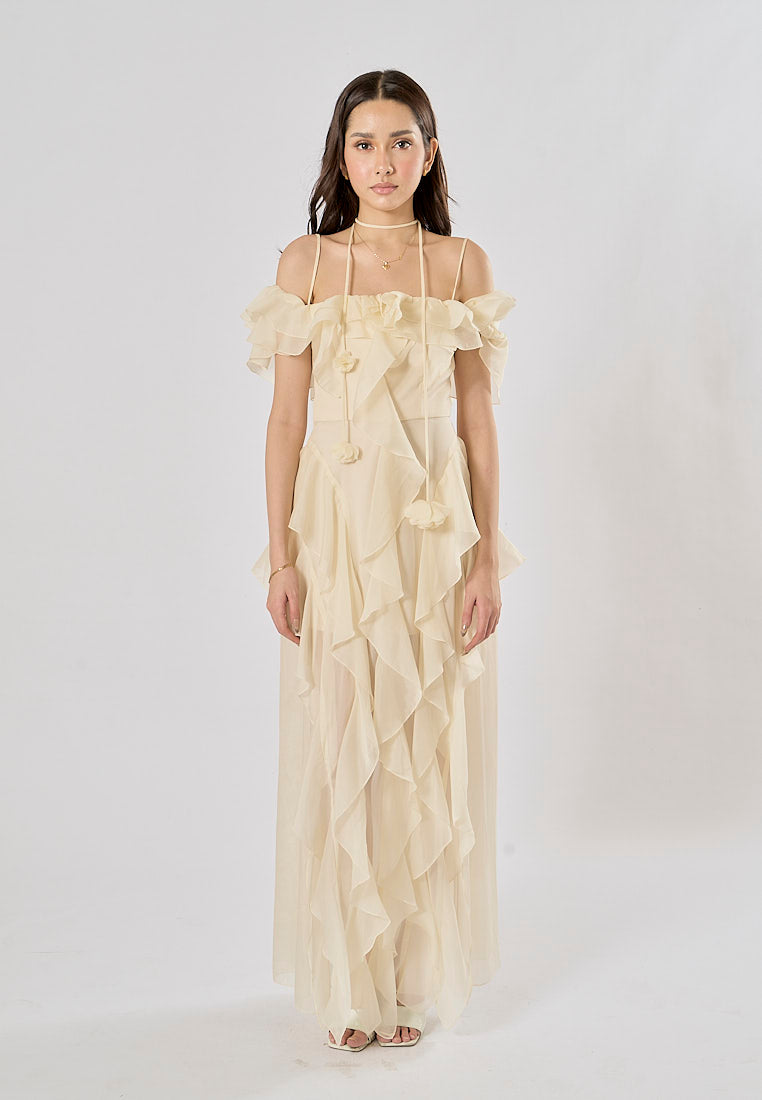 Soma Beige Ruffle Chiffon Sleeveless with Flower Choker  Maxi Dress