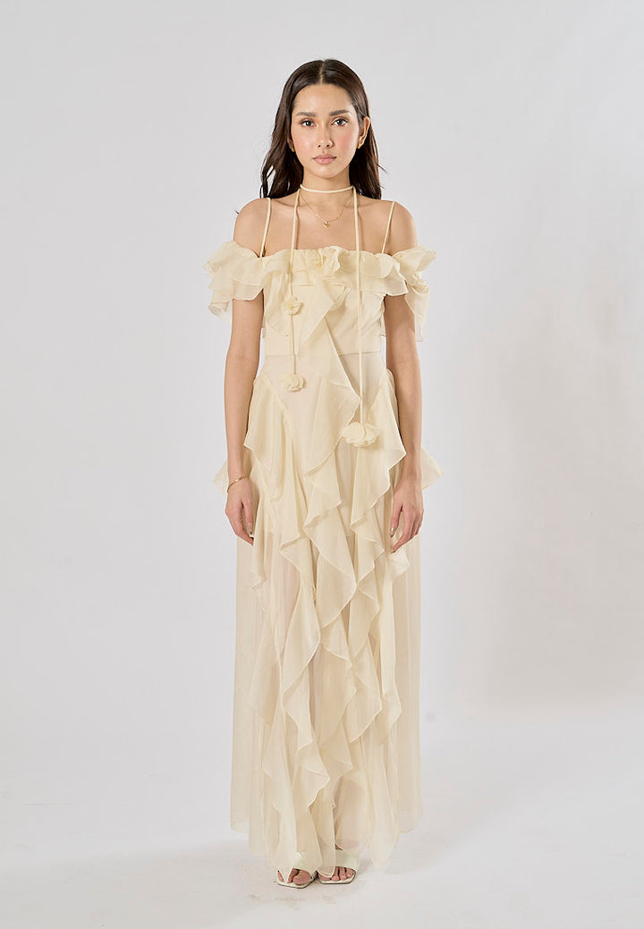 Soma Beige Ruffle Chiffon Sleeveless with Flower Choker  Maxi Dress