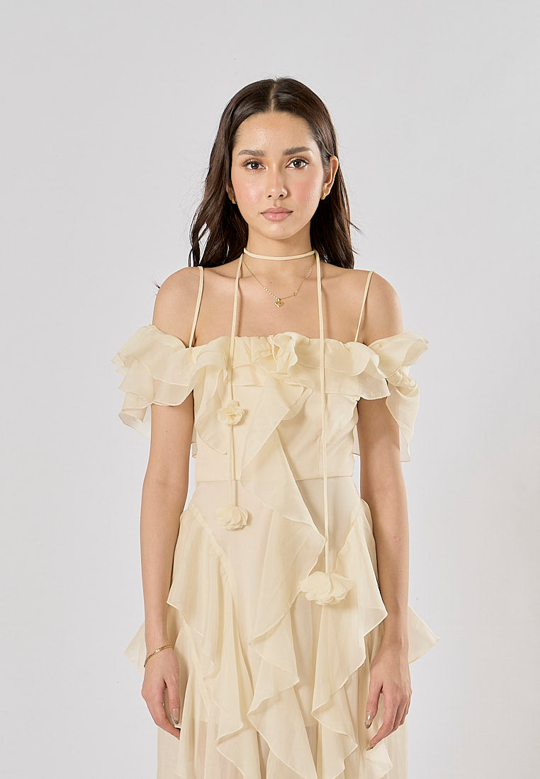 Soma Beige Ruffle Chiffon Sleeveless with Flower Choker  Maxi Dress
