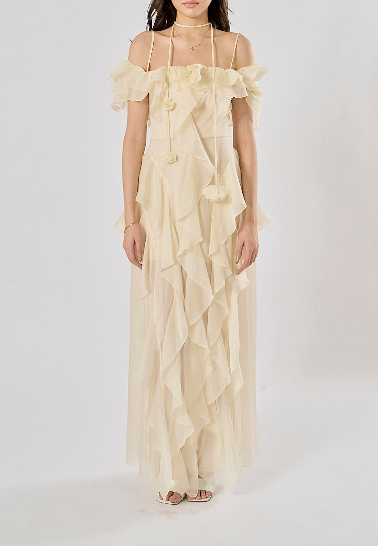Soma Beige Ruffle Chiffon Sleeveless with Flower Choker  Maxi Dress