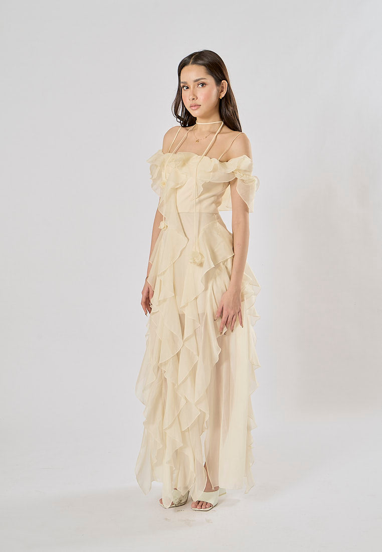 Soma Beige Ruffle Chiffon Sleeveless with Flower Choker  Maxi Dress