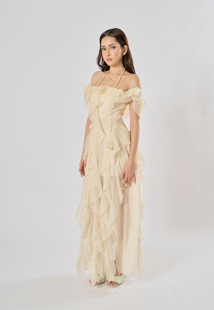 Soma Beige Ruffle Chiffon Sleeveless with Flower Choker  Maxi Dress