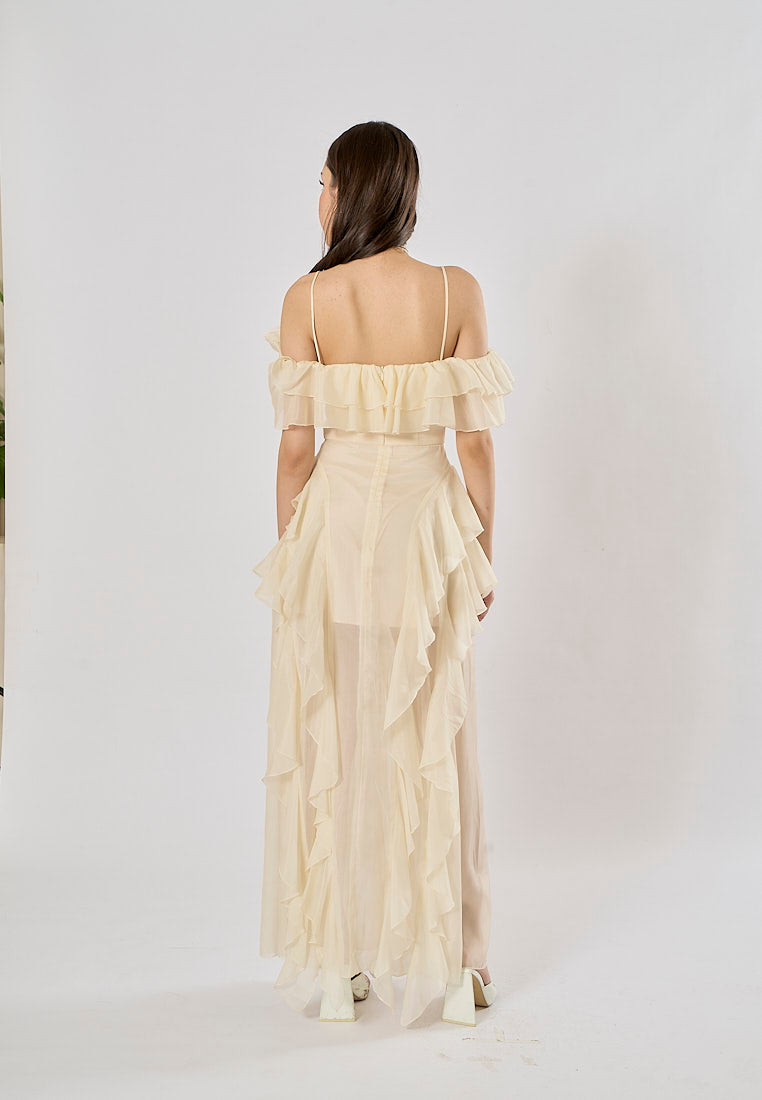 Soma Beige Ruffle Chiffon Sleeveless with Flower Choker  Maxi Dress