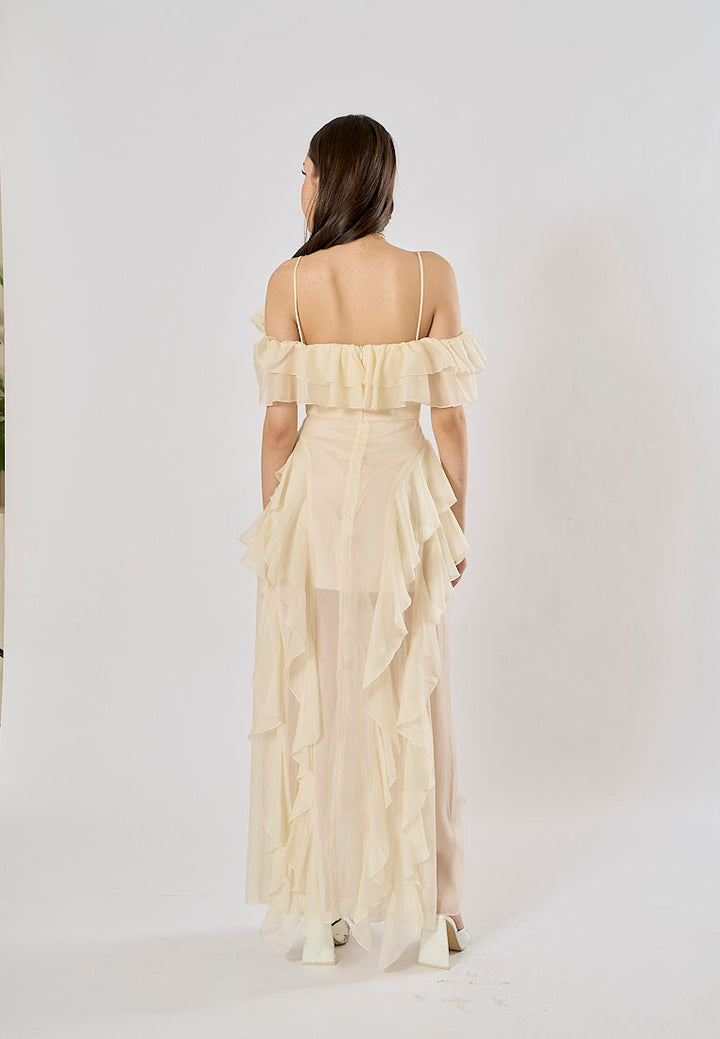 Soma Beige Ruffle Chiffon Sleeveless with Flower Choker  Maxi Dress