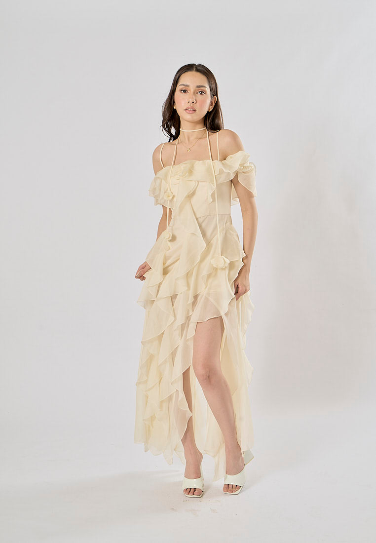 Soma Beige Ruffle Chiffon Sleeveless with Flower Choker  Maxi Dress
