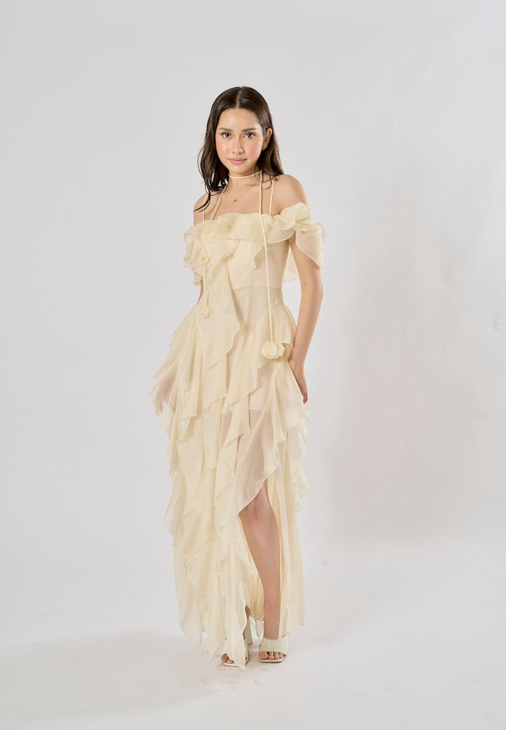 Soma Beige Ruffle Chiffon Sleeveless with Flower Choker  Maxi Dress