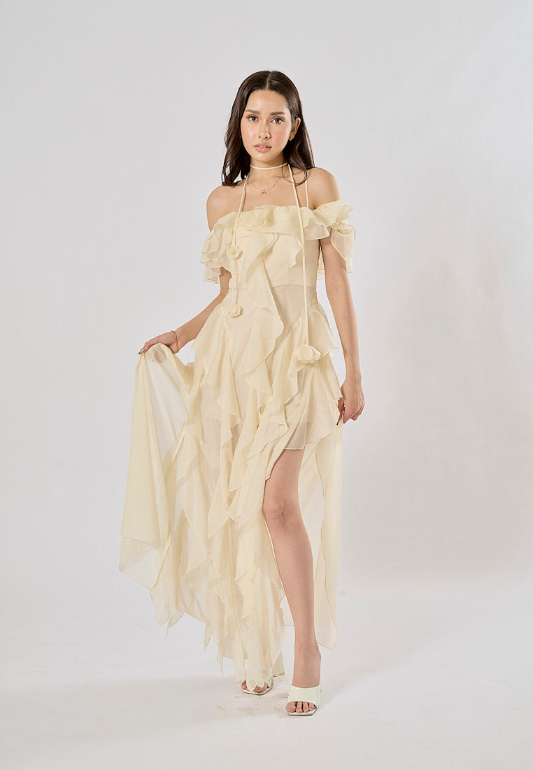 Soma Beige Ruffle Chiffon Sleeveless with Flower Choker  Maxi Dress