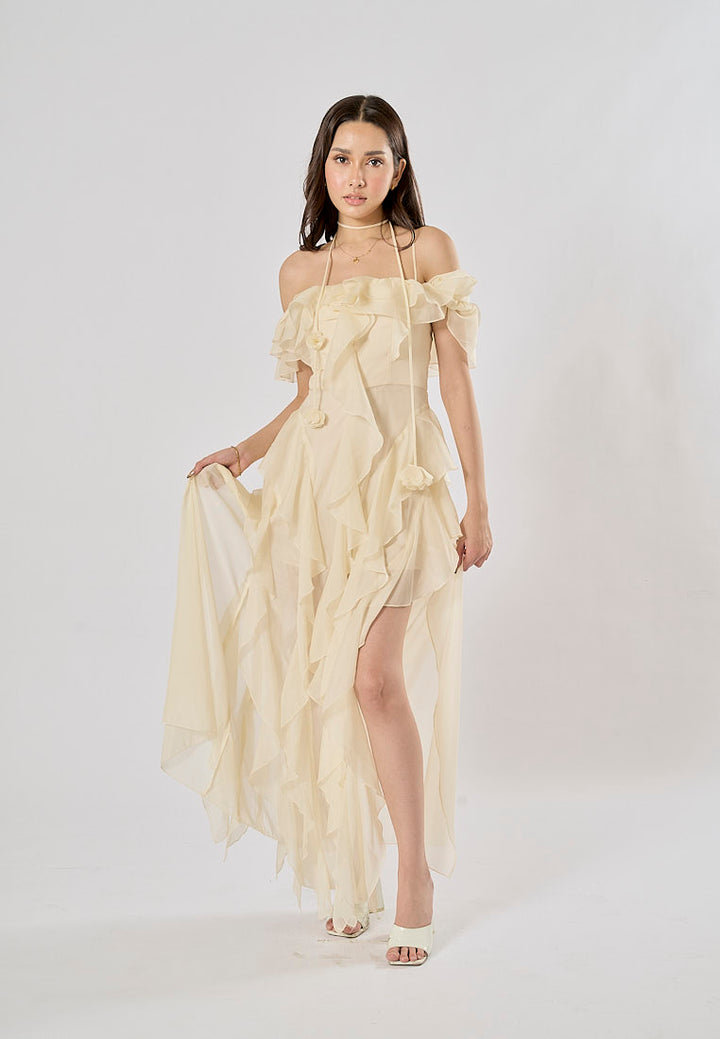 Soma Beige Ruffle Chiffon Sleeveless with Flower Choker  Maxi Dress