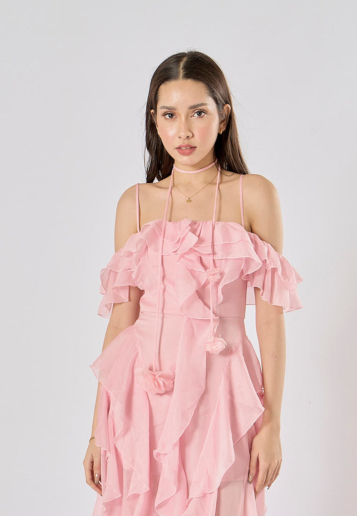 Soma Pink Ruffle Chiffon Sleeveless with Flower Choker  Maxi Dress