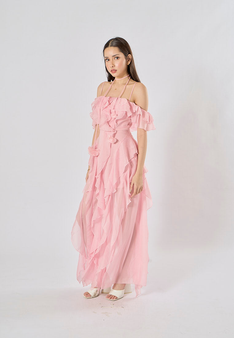 Soma Pink Ruffle Chiffon Sleeveless with Flower Choker  Maxi Dress