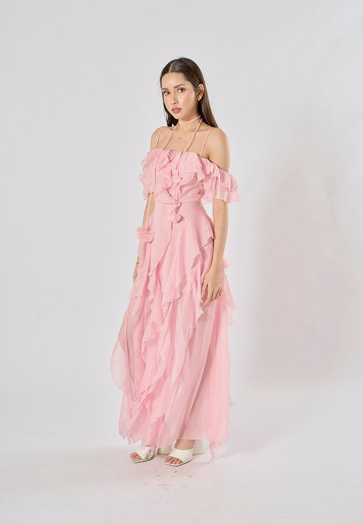 Soma Pink Ruffle Chiffon Sleeveless with Flower Choker  Maxi Dress
