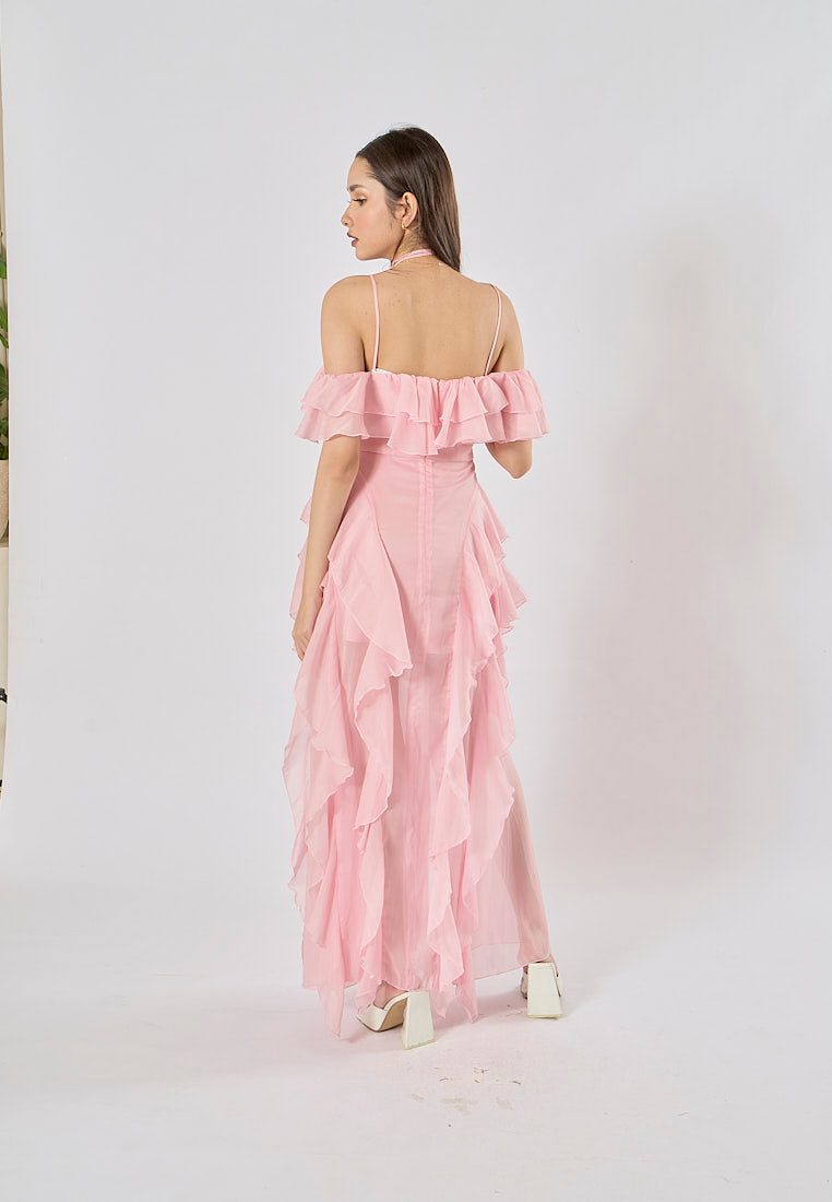 Soma Pink Ruffle Chiffon Sleeveless with Flower Choker  Maxi Dress