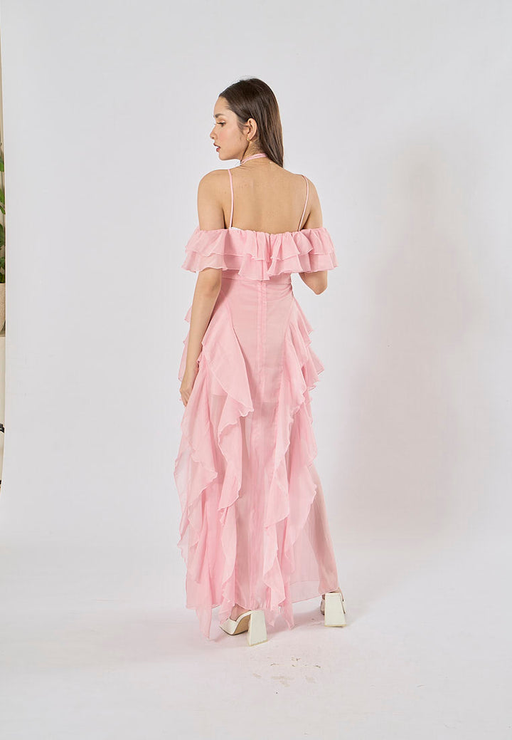 Soma Pink Ruffle Chiffon Sleeveless with Flower Choker  Maxi Dress