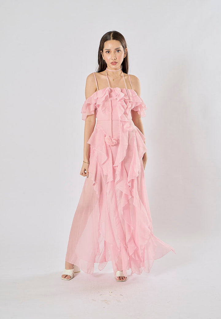 Soma Pink Ruffle Chiffon Sleeveless with Flower Choker  Maxi Dress