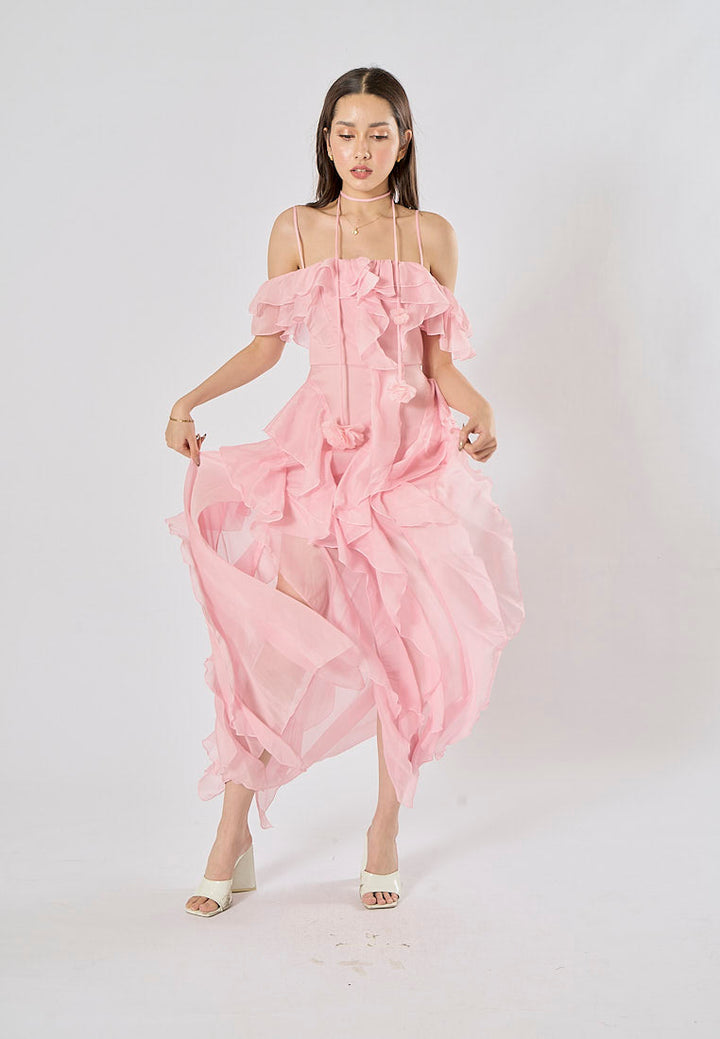 Soma Pink Ruffle Chiffon Sleeveless with Flower Choker  Maxi Dress