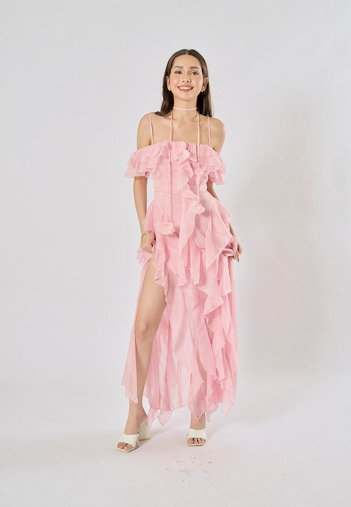 Soma Pink Ruffle Chiffon Sleeveless with Flower Choker  Maxi Dress