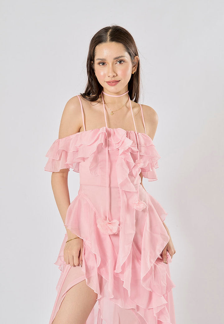 Soma Pink Ruffle Chiffon Sleeveless with Flower Choker  Maxi Dress