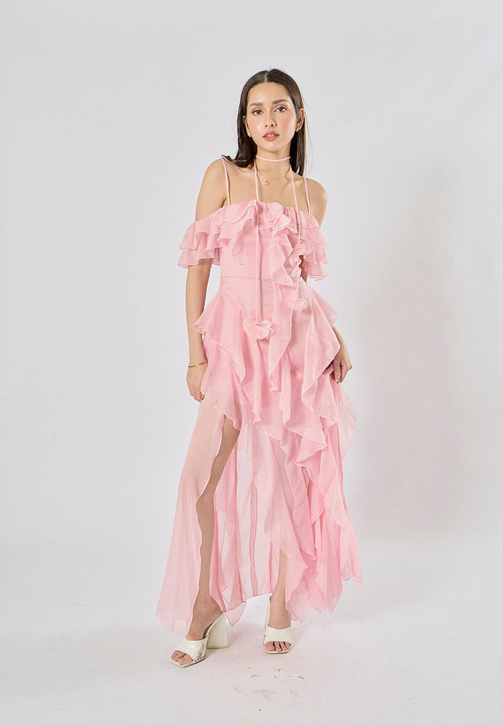 Soma Pink Ruffle Chiffon Sleeveless with Flower Choker  Maxi Dress