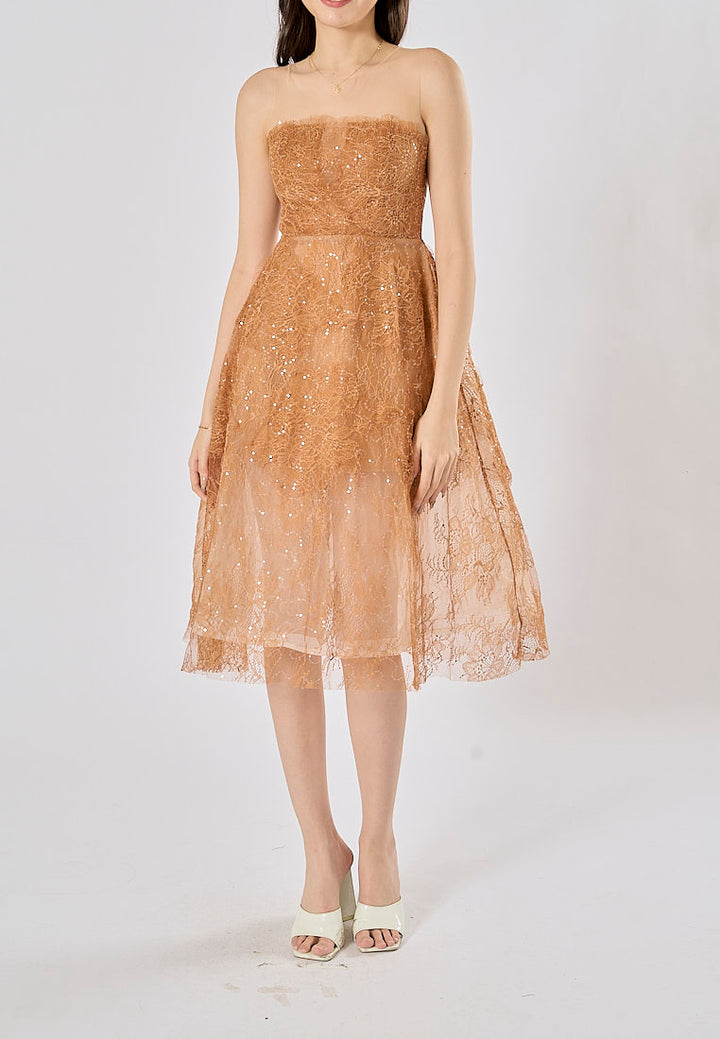 Jodeci Bronze 3D Flower Sequin See Through Evening Midi Dress