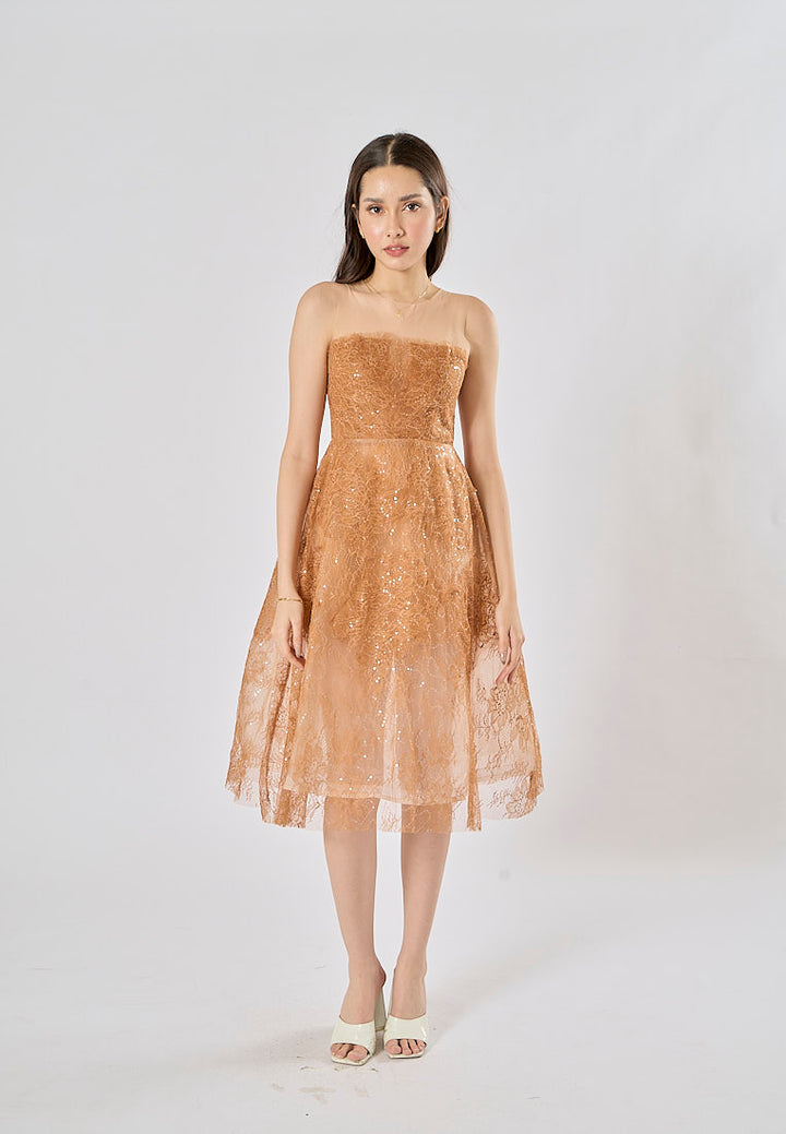 Jodeci Bronze 3D Flower Sequin See Through Evening Midi Dress