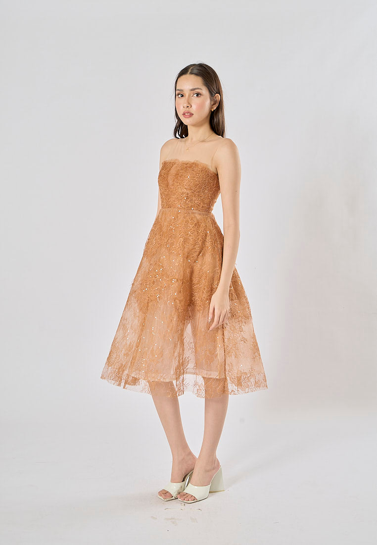 Jodeci Bronze 3D Flower Sequin See Through Evening Midi Dress