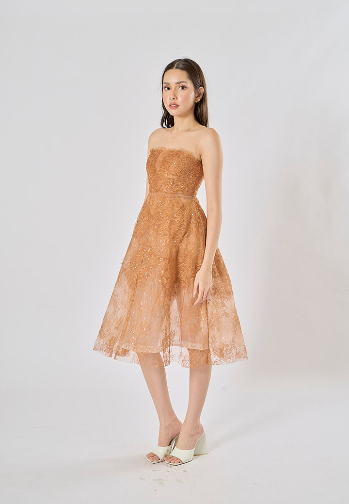 Jodeci Bronze 3D Flower Sequin See Through Evening Midi Dress