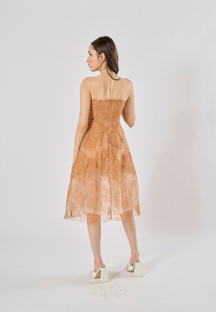 Jodeci Bronze 3D Flower Sequin See Through Evening Midi Dress