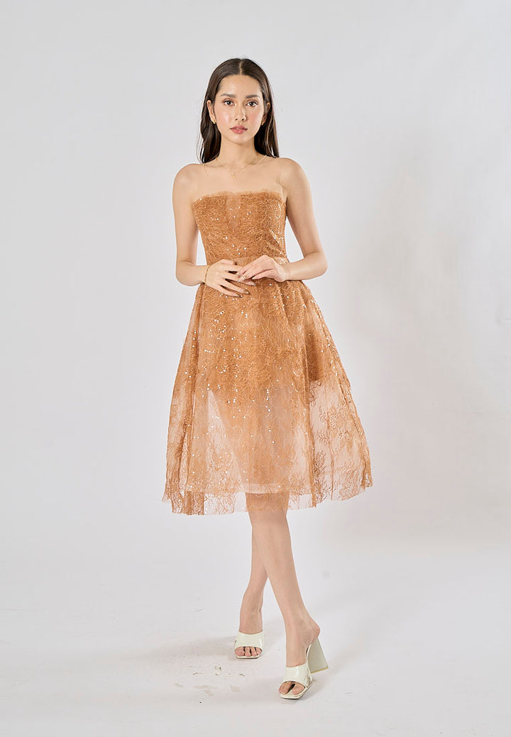 Jodeci Bronze 3D Flower Sequin See Through Evening Midi Dress