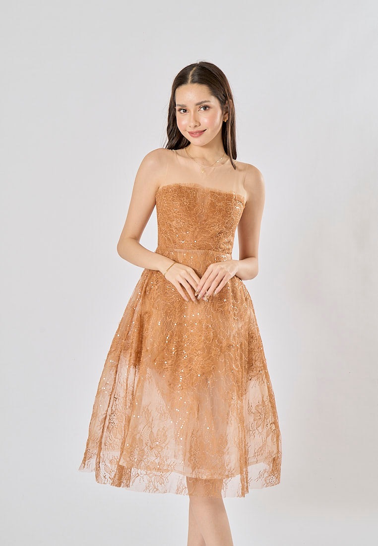 Jodeci Bronze 3D Flower Sequin See Through Evening Midi Dress