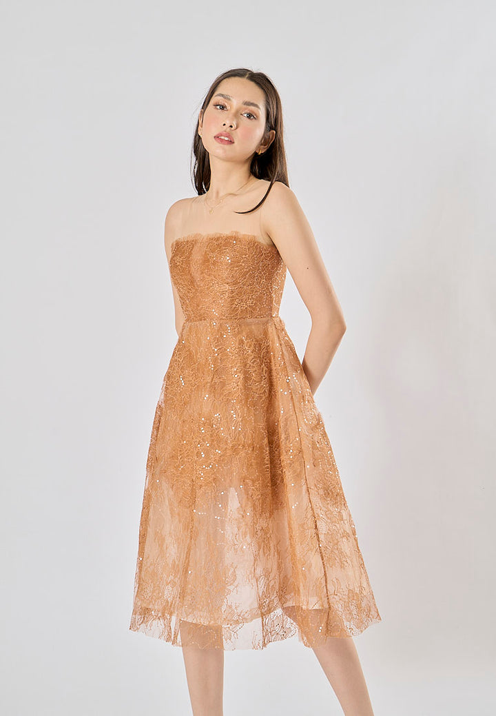 Jodeci Bronze 3D Flower Sequin See Through Evening Midi Dress