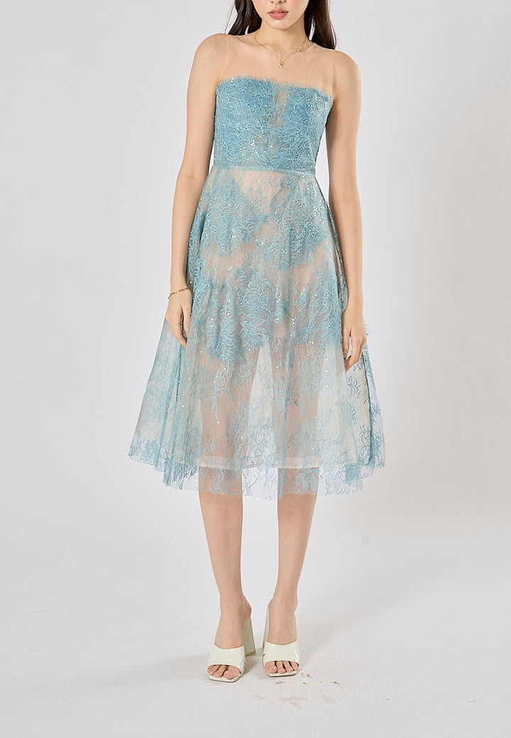 Jodeci Atlantic Blue 3D Flower Sequin See Through Evening Midi Dress