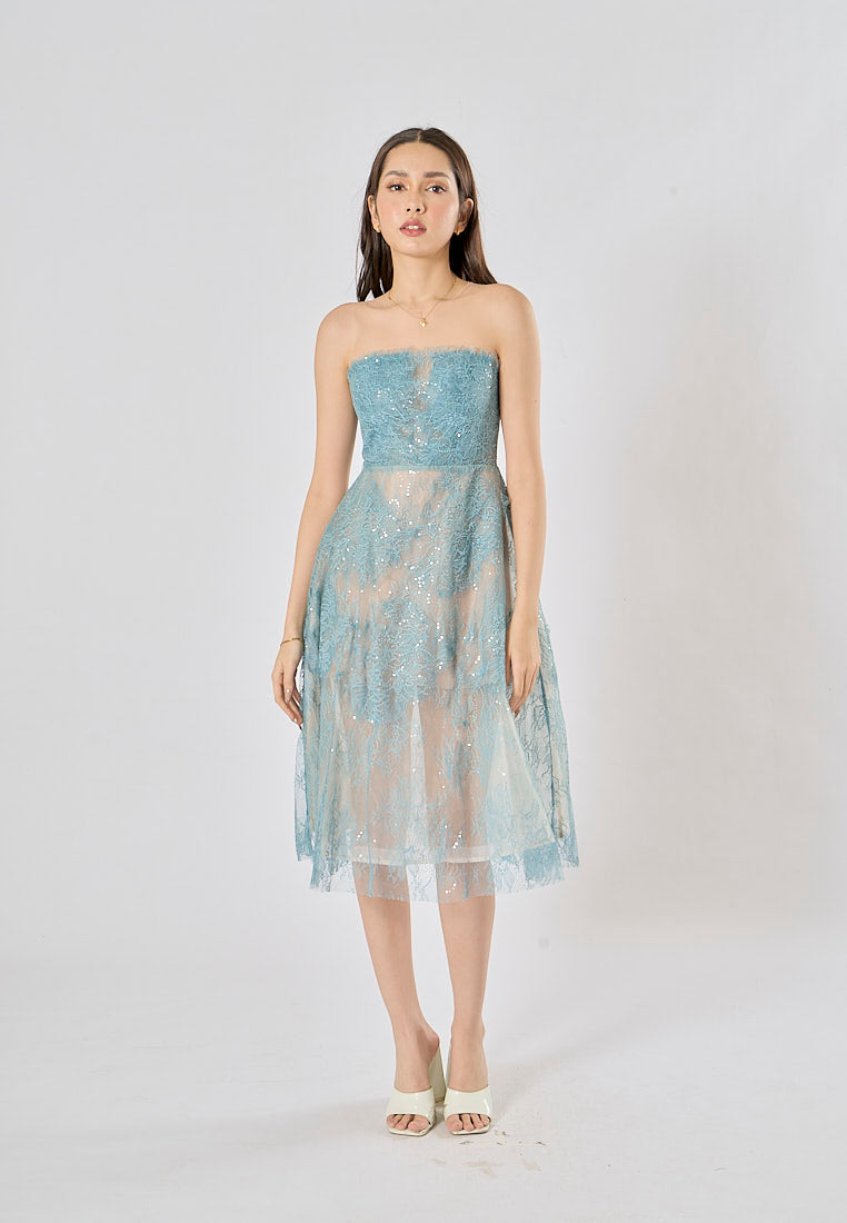Jodeci Atlantic Blue 3D Flower Sequin See Through Evening Midi Dress