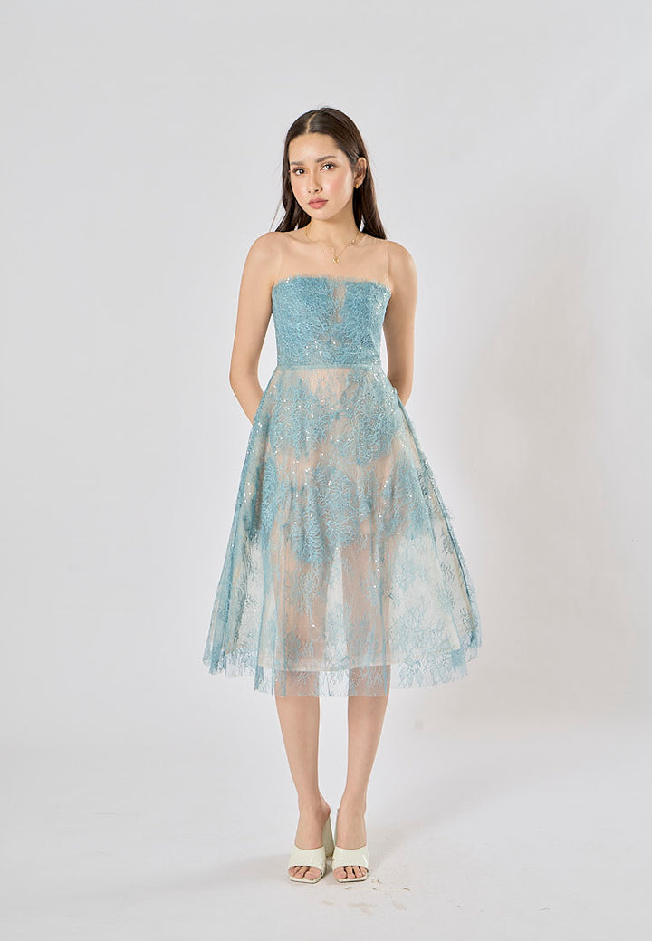 Jodeci Atlantic Blue 3D Flower Sequin See Through Evening Midi Dress
