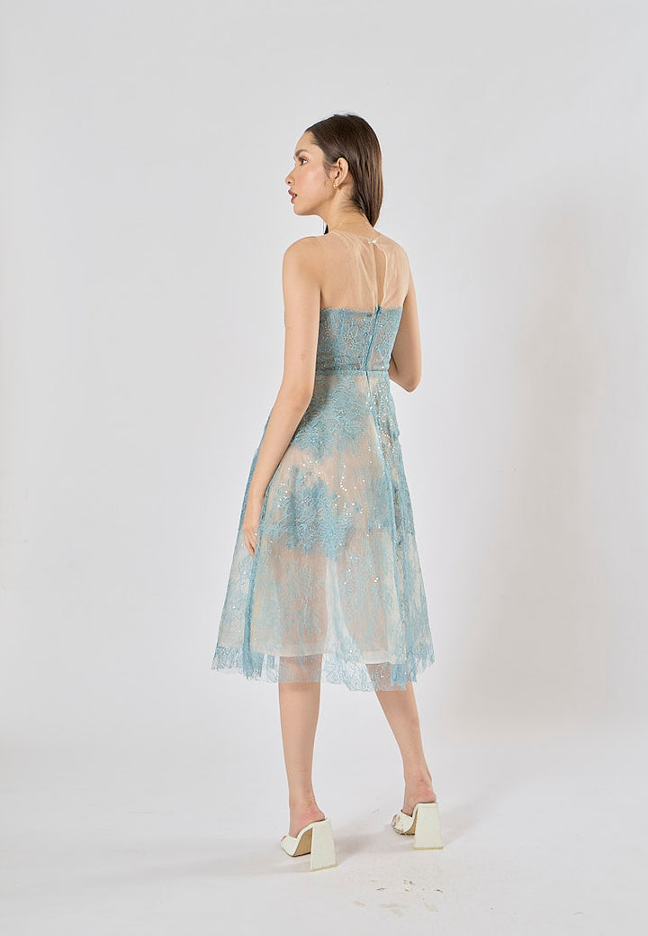 Jodeci Atlantic Blue 3D Flower Sequin See Through Evening Midi Dress