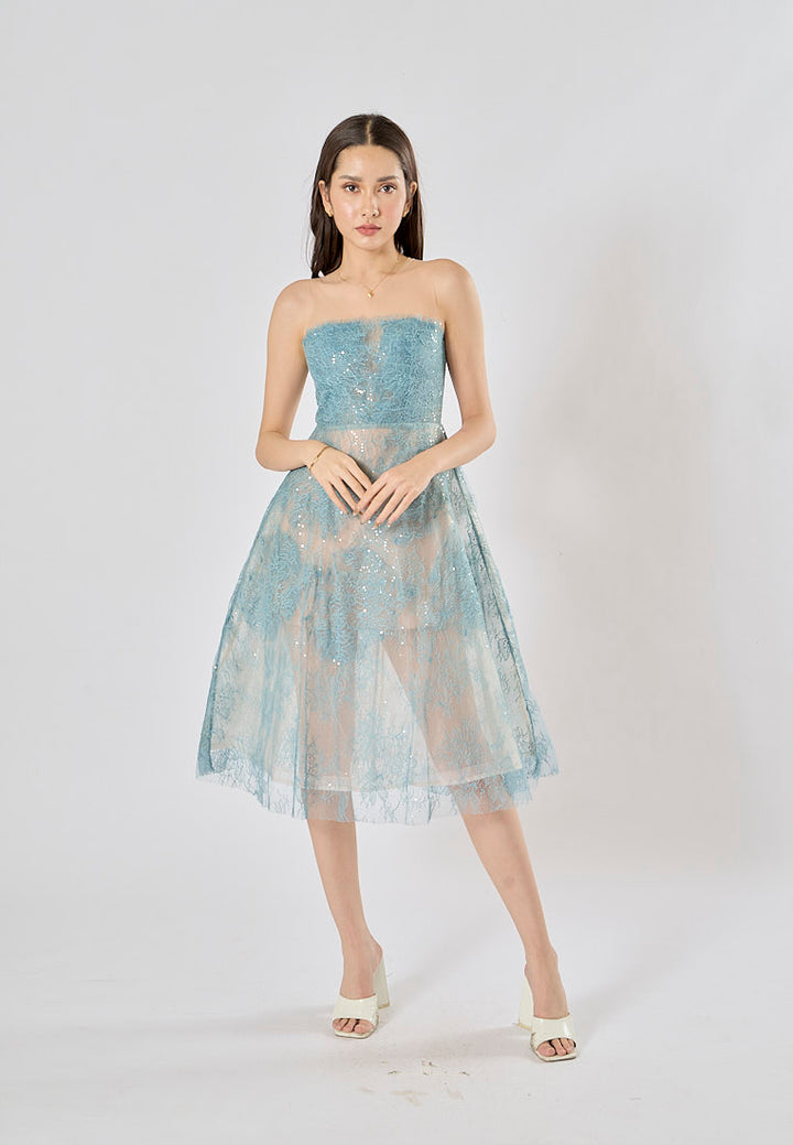 Jodeci Atlantic Blue 3D Flower Sequin See Through Evening Midi Dress