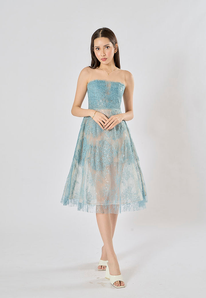 Jodeci Atlantic Blue 3D Flower Sequin See Through Evening Midi Dress