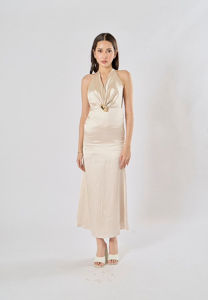 Kavita Cream Deep V-Neck Halter  Bodycon Maxi Dress