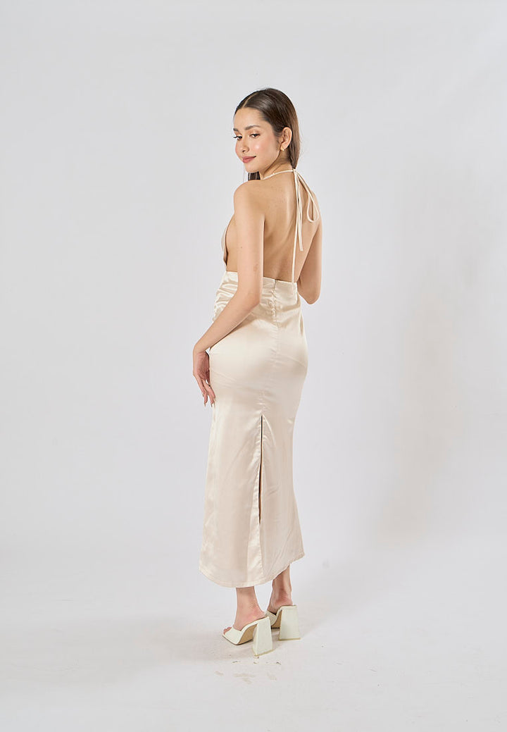Kavita Cream Deep V-Neck Halter  Bodycon Maxi Dress