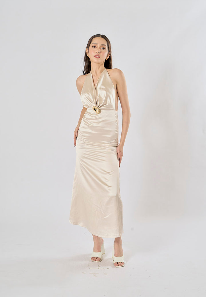 Kavita Cream Deep V-Neck Halter  Bodycon Maxi Dress