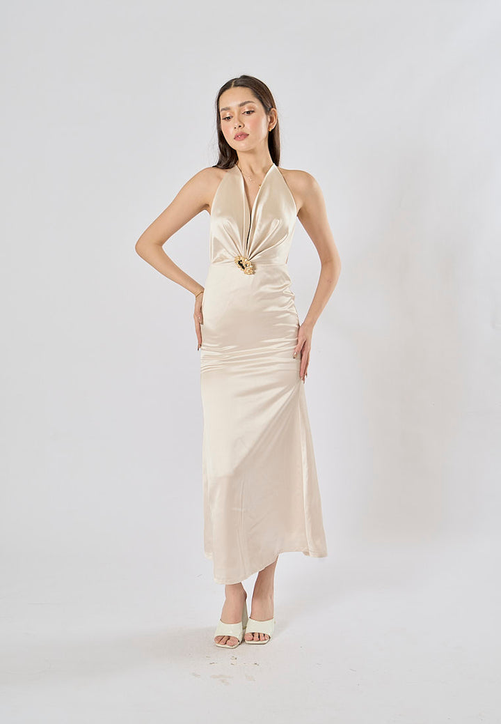 Kavita Cream Deep V-Neck Halter  Bodycon Maxi Dress
