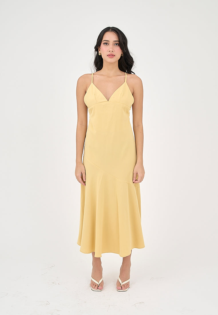 Zahara Butter Yellow U - Shaped front Fitted Midi Dress