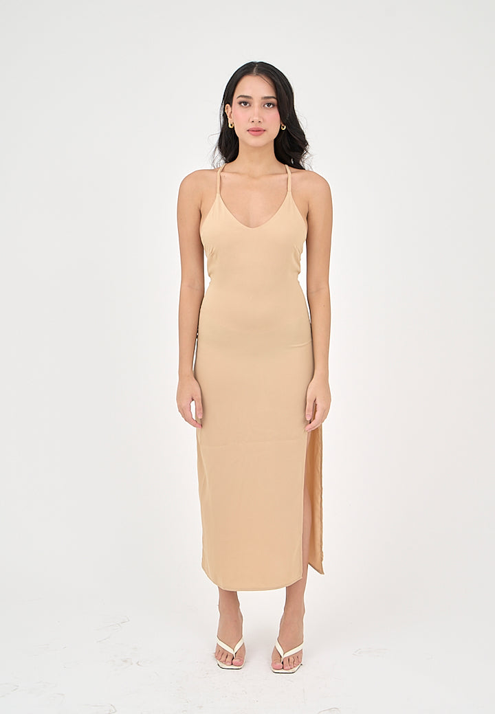 Merith Khaki V-Neck with High Slit Midi Dress