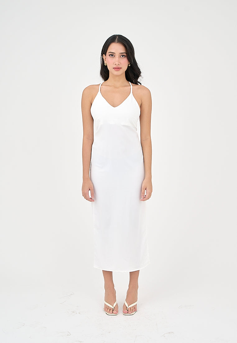 Merith Miky White V-Neck with High Slit Midi Dress