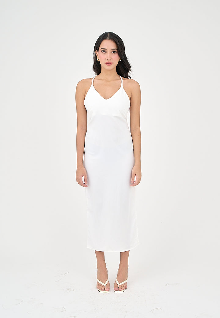Merith Miky White V-Neck with High Slit Midi Dress