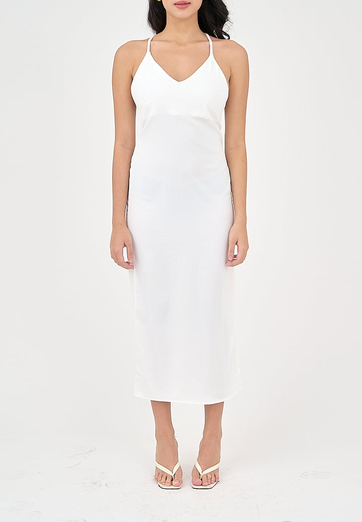 Merith Miky White V-Neck with High Slit Midi Dress