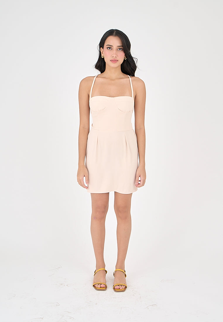 Qiana Blush Pink Bustier With Thin Strap and Back Strapy Detail Mini Dress